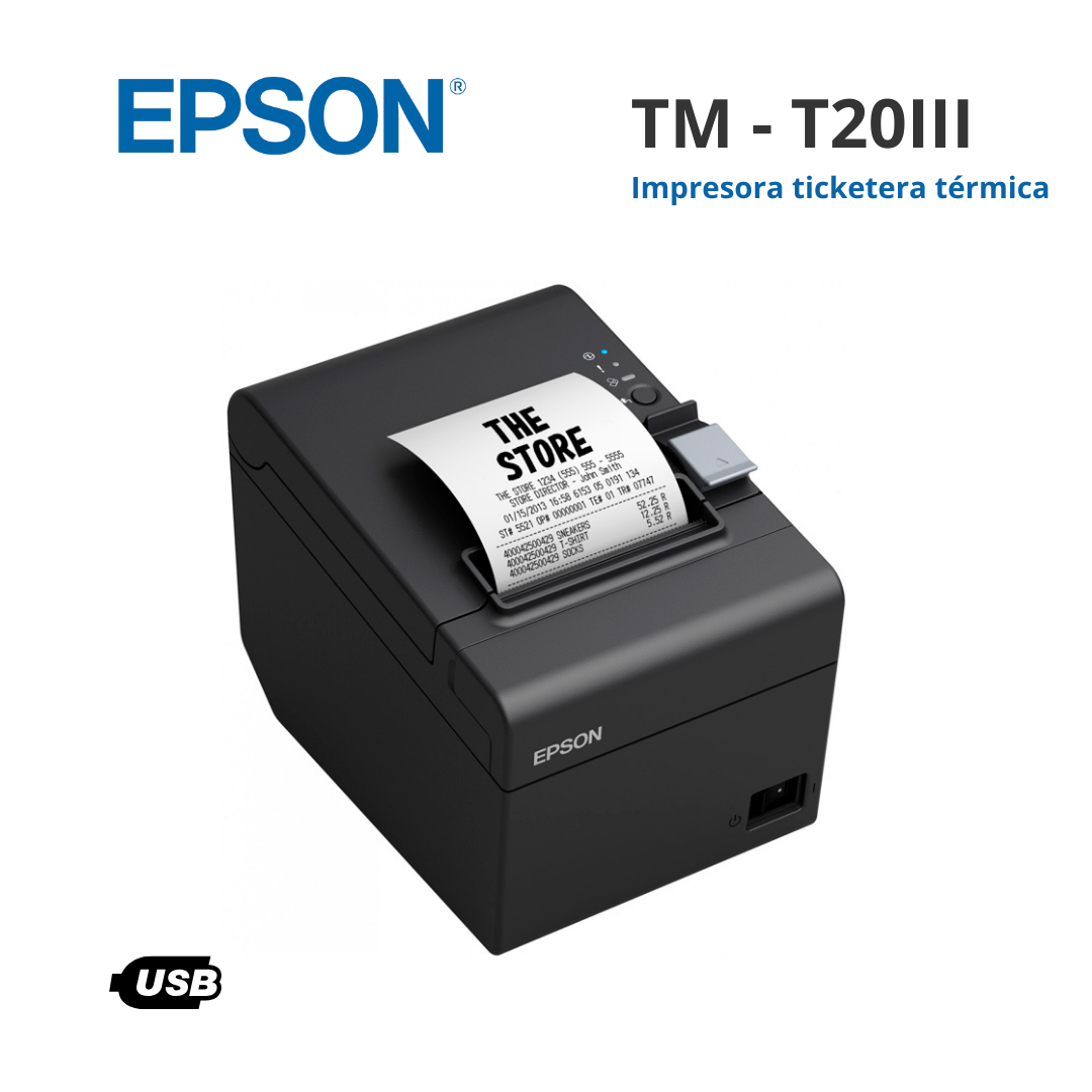 Impresora termica Epson TM-T20III, velocidad de impresión 250 mm/seg, Interfaz USB.