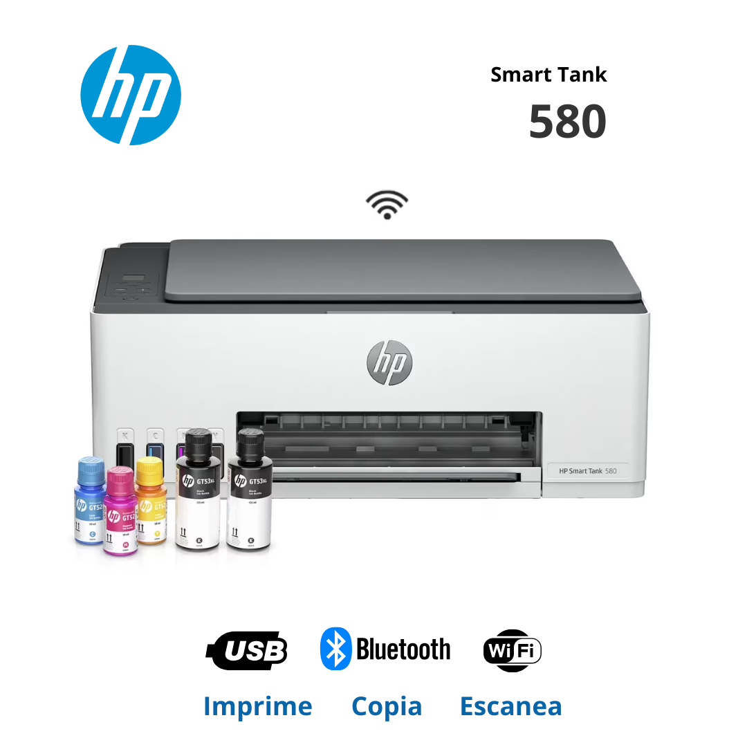 Impresora All-in-one de tinta HP Smart Tank 580, Imprime, Escanea, Copia/Wi-Fi/BT/USB 2.0