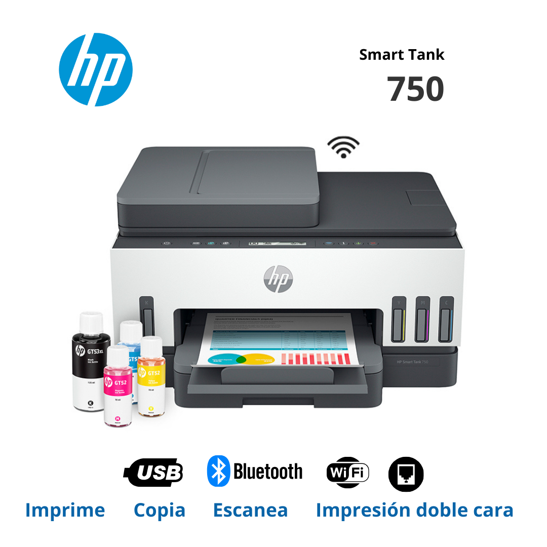 Multifuncional de tinta HP Smart Tank 750, Impresión/Escaneo/Copia/Wi-Fi/Bluetooth LE/LAN